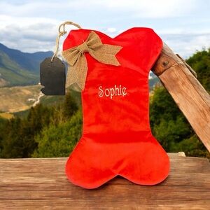 Red Velvet Dog Bone Christmas Stocking w/ “Sophie” White Embroidered NWOT